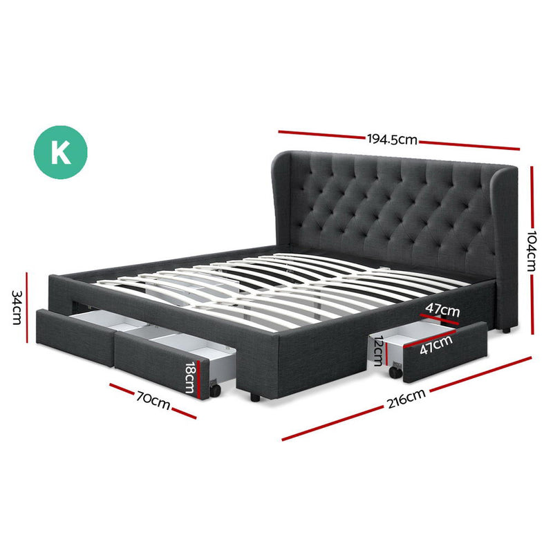 King Size Bed Frame Base Mattress With Storage Drawer Charcoal Fabric MILA