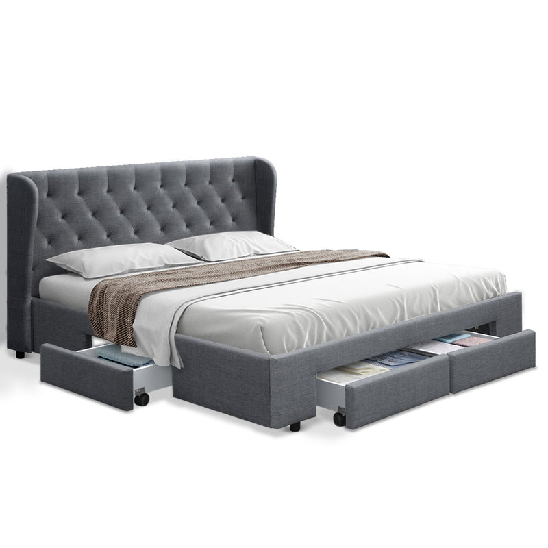 King Size Bed Frame Base Mattress With Storage Drawer Grey Fabric MILA