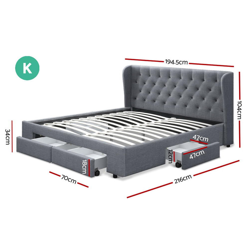 King Size Bed Frame Base Mattress With Storage Drawer Grey Fabric MILA