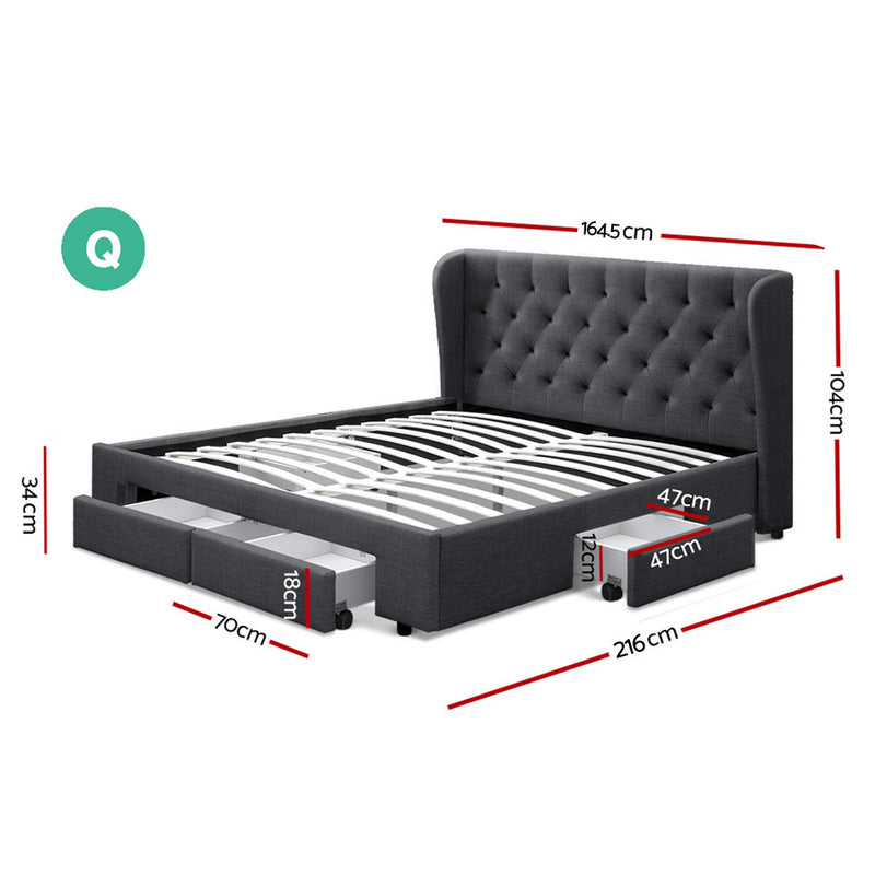 Queen Size Bed Frame Base Mattress With Storage Drawer Charcoal Fabric MILA