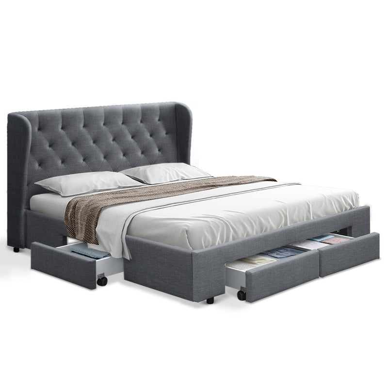 Queen Size Bed Frame Base Mattress With Storage Drawer Grey Fabric MILA