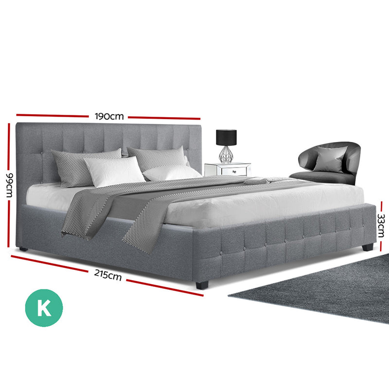 ROCA King Size Gas Lift Bed Frame Base With Storage Mattress Grey Fabric