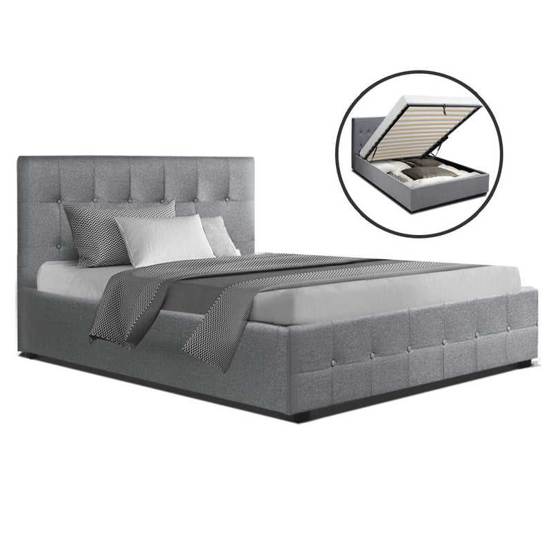 ROCA King Single Size Gas Lift Bed Frame Base With Storage Mattress Grey Fabric