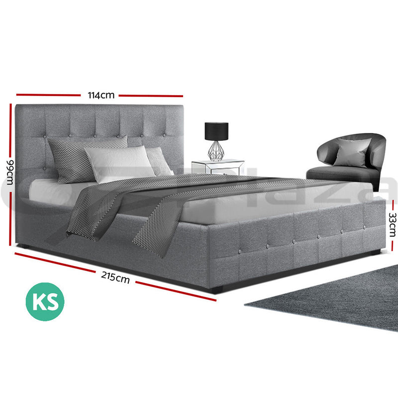 ROCA King Single Size Gas Lift Bed Frame Base With Storage Mattress Grey Fabric