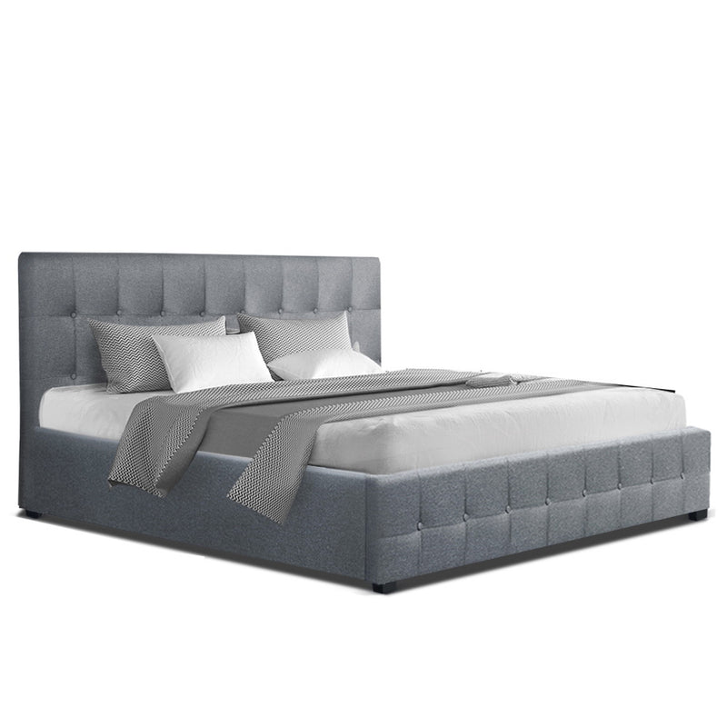 ROCA Queen Size Gas Lift Bed Frame Base With Storage Mattress Grey Fabric