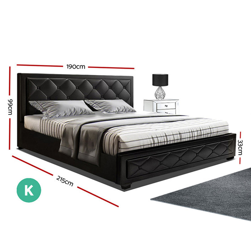 TIYO King Size Gas Lift Bed Frame Base With Storage Mattress Black Leather