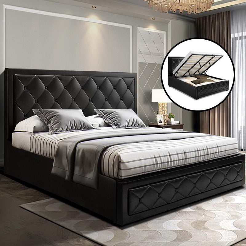 TIYO King Size Gas Lift Bed Frame Base With Storage Mattress Black Leather