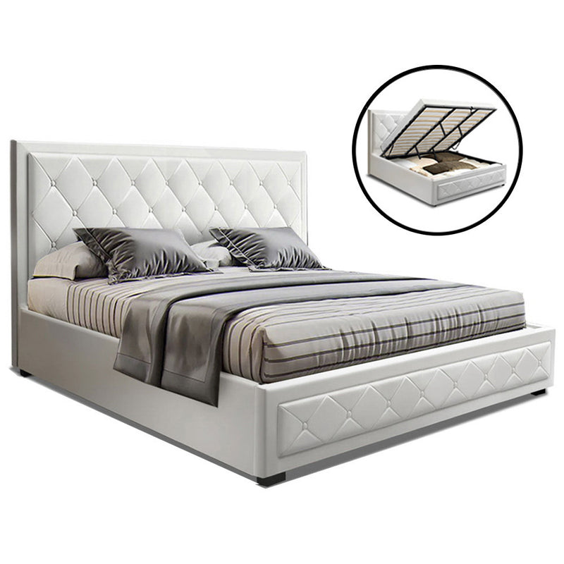 TIYO King Size Gas Lift Bed Frame Base With Storage Mattress White Leather