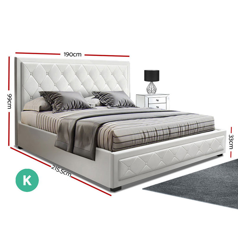 TIYO King Size Gas Lift Bed Frame Base With Storage Mattress White Leather