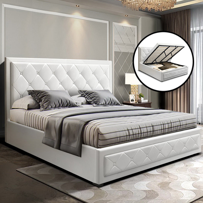 TIYO King Size Gas Lift Bed Frame Base With Storage Mattress White Leather