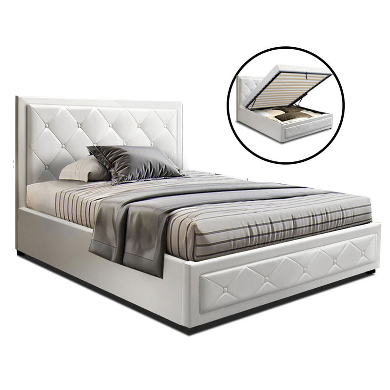 TIYO King Single Size Gas Lift Bed Frame Base With Storage Mattress White Leather