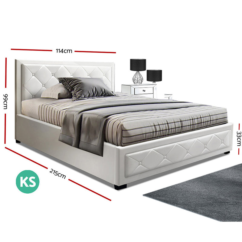 TIYO King Single Size Gas Lift Bed Frame Base With Storage Mattress White Leather