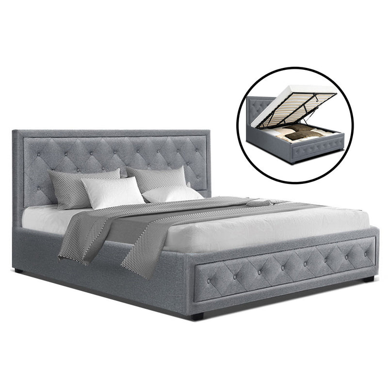 TIYO Queen Size Gas Lift Bed Frame Base With Storage Mattress Grey Fabric