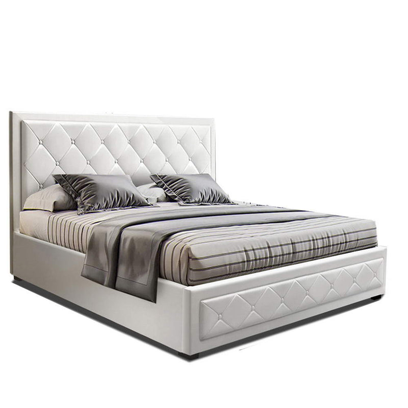 TIYO Queen Size Gas Lift Bed Frame Base With Storage Mattress White Leather