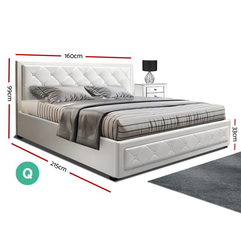 TIYO Queen Size Gas Lift Bed Frame Base With Storage Mattress White Leather