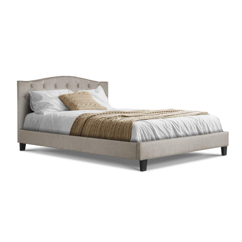 Bed Frame Queen Size Base Mattress Platform Fabric Wooden Beige LARS