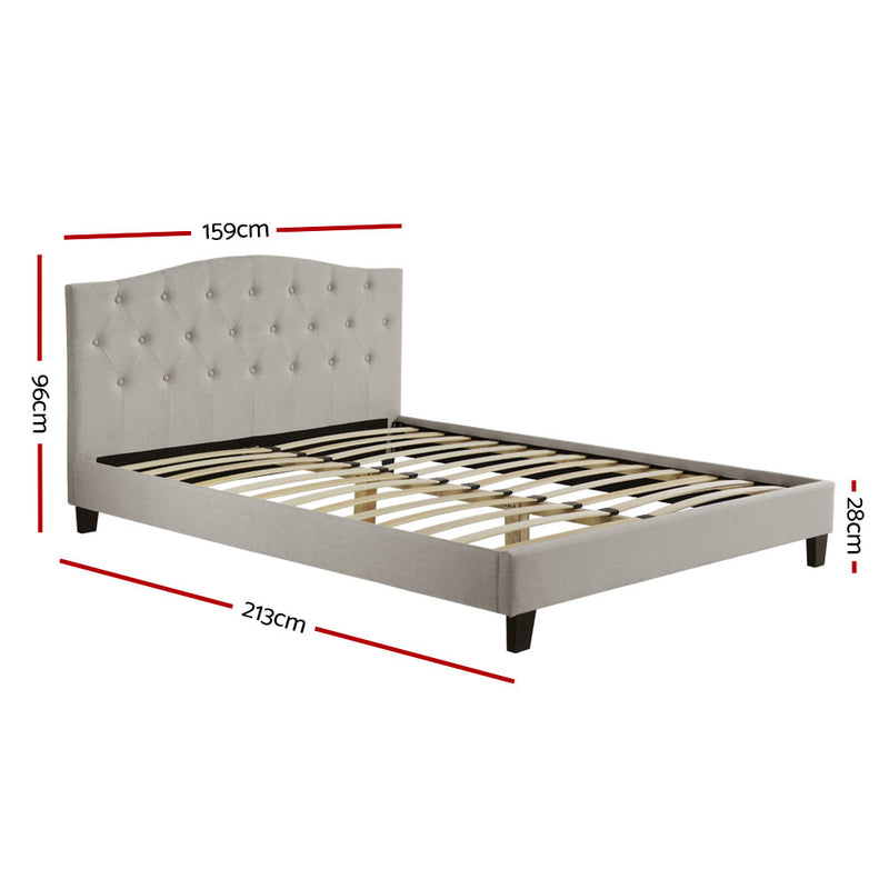 Bed Frame Queen Size Base Mattress Platform Fabric Wooden Beige LARS