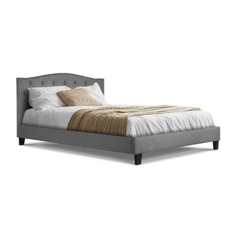 Bed Frame Queen Size Base Mattress Platform Fabric Wooden Grey LARS