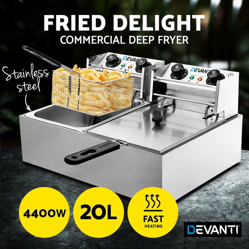 Devanti Commercial Electric Twin Deep Fryer - Silver