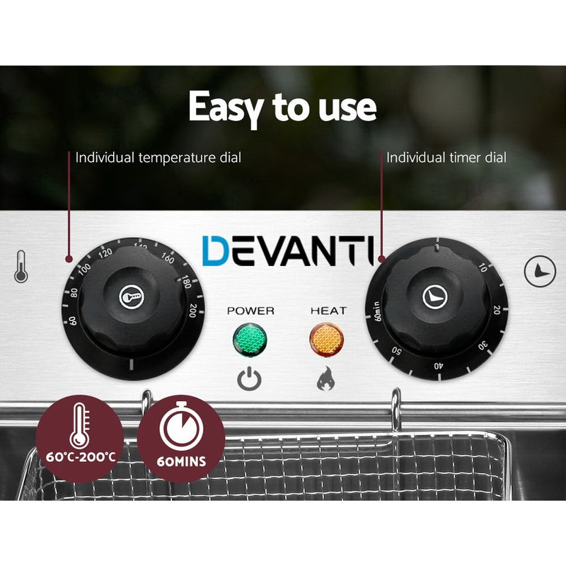 Devanti Commercial Electric Twin Deep Fryer - Silver