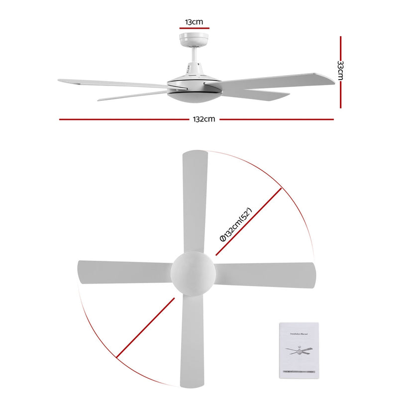 Devanti 52 inch 1300mm Ceiling Fan Wall Control 4 Wooden Blades Cooling Fans White