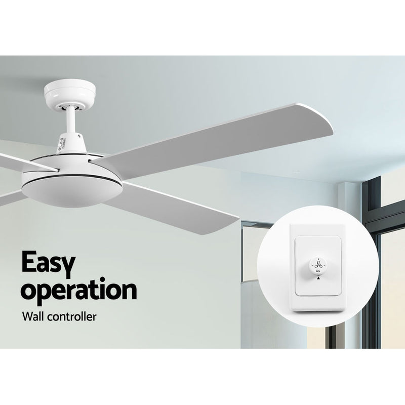 Devanti 52 inch 1300mm Ceiling Fan Wall Control 4 Wooden Blades Cooling Fans White