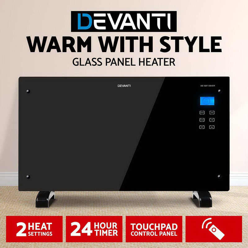 Devanti 2000W Portable Electric Panel Heater - Black Glass