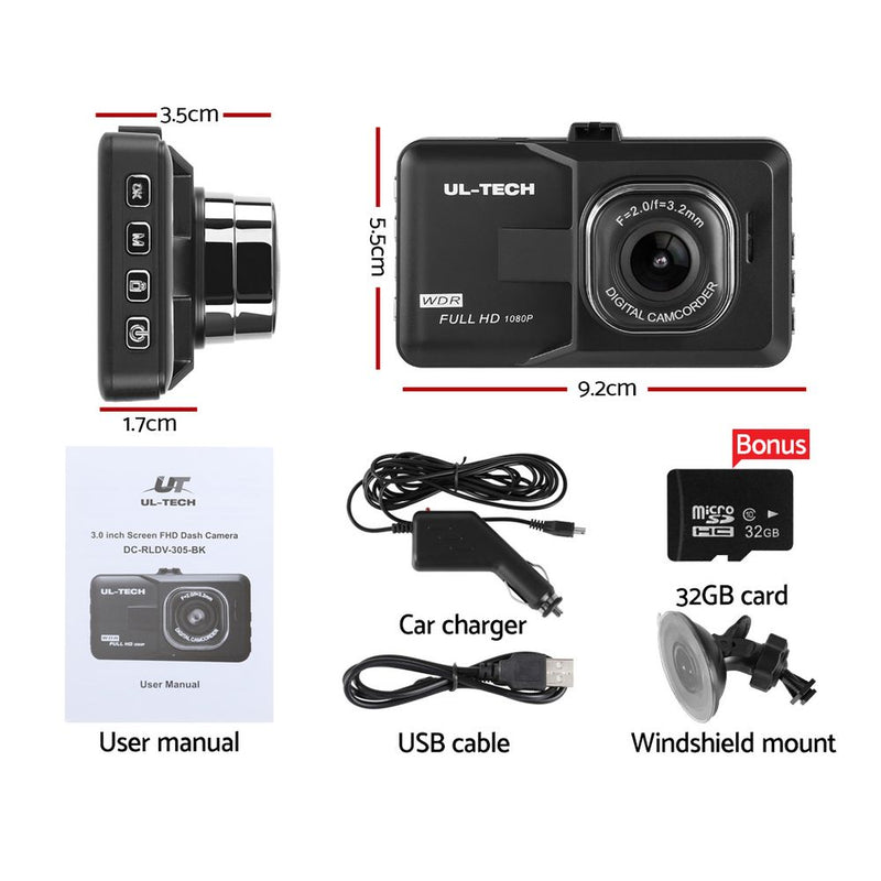 UL Tech 3 Inch Screen Dash Cam - Black