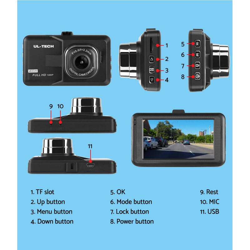 UL Tech 3 Inch Screen Dash Cam - Black