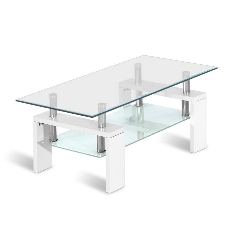 2 Tier Coffee Table Tempered Glass Stainless Steel White