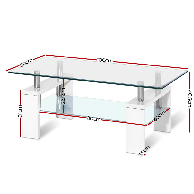 2 Tier Coffee Table Tempered Glass Stainless Steel White