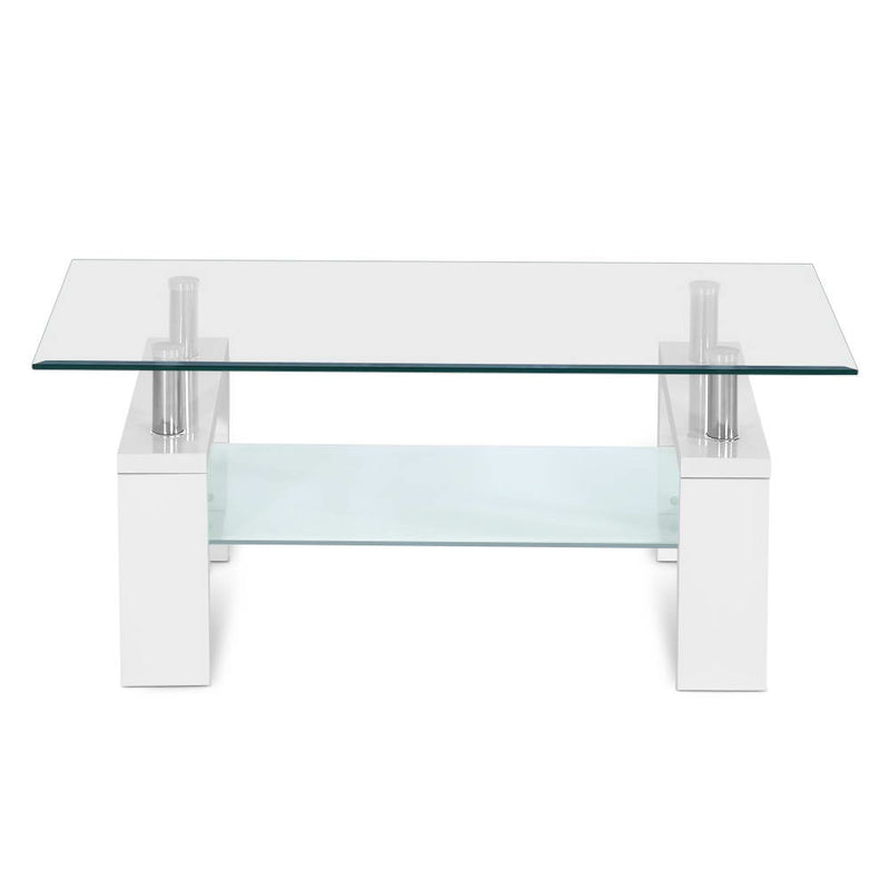 2 Tier Coffee Table Tempered Glass Stainless Steel White