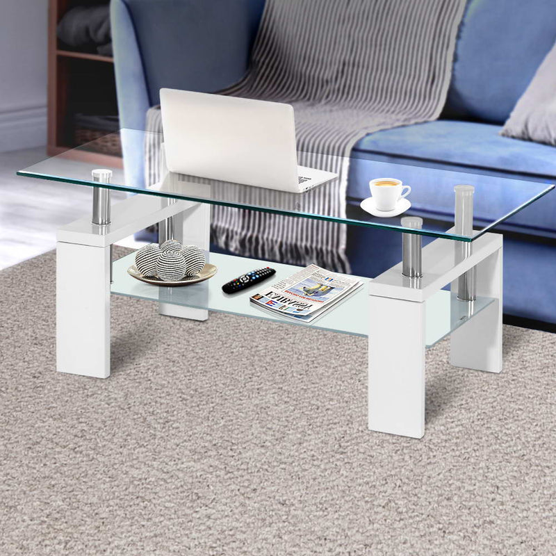 2 Tier Coffee Table Tempered Glass Stainless Steel White