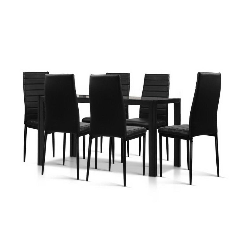 Astra 7-Piece Set Tempered Glass Dining Set Table and 6 Chairs Black