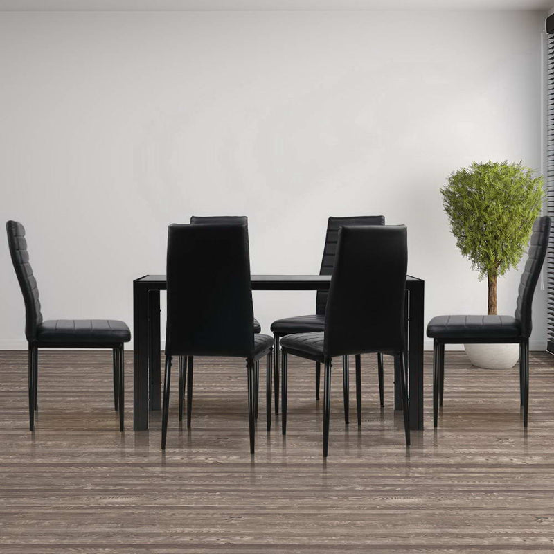 Astra 7-Piece Set Tempered Glass Dining Set Table and 6 Chairs Black