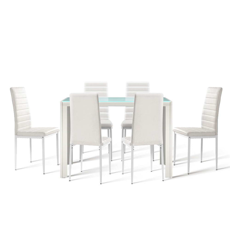 Astra 7-piece Dining Table and Chairs Dining Set Tempered Glass Leather Seater Metal Legs White