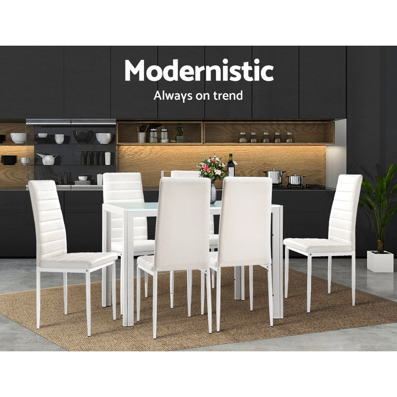 Astra 7-piece Dining Table and Chairs Dining Set Tempered Glass Leather Seater Metal Legs White