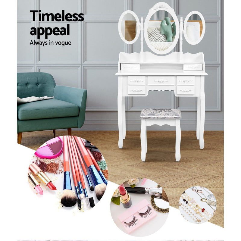 7 Drawer Dressing Table with Mirror - White