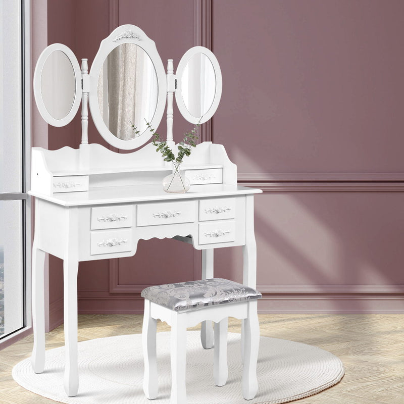 7 Drawer Dressing Table with Mirror - White