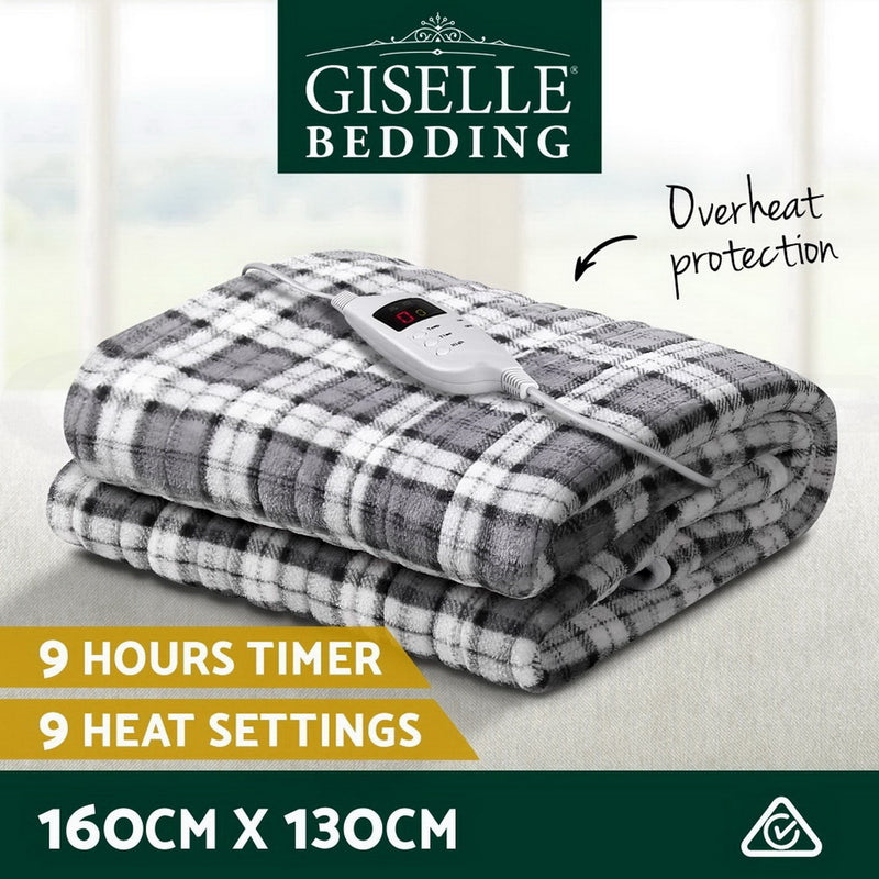 Giselle Bedding Electric Throw Rug Flannel Snuggle Blanket Washable Heated Grey and White Checkered