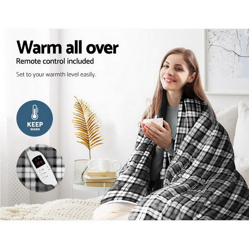 Giselle Bedding Electric Throw Rug Flannel Snuggle Blanket Washable Heated Grey and White Checkered