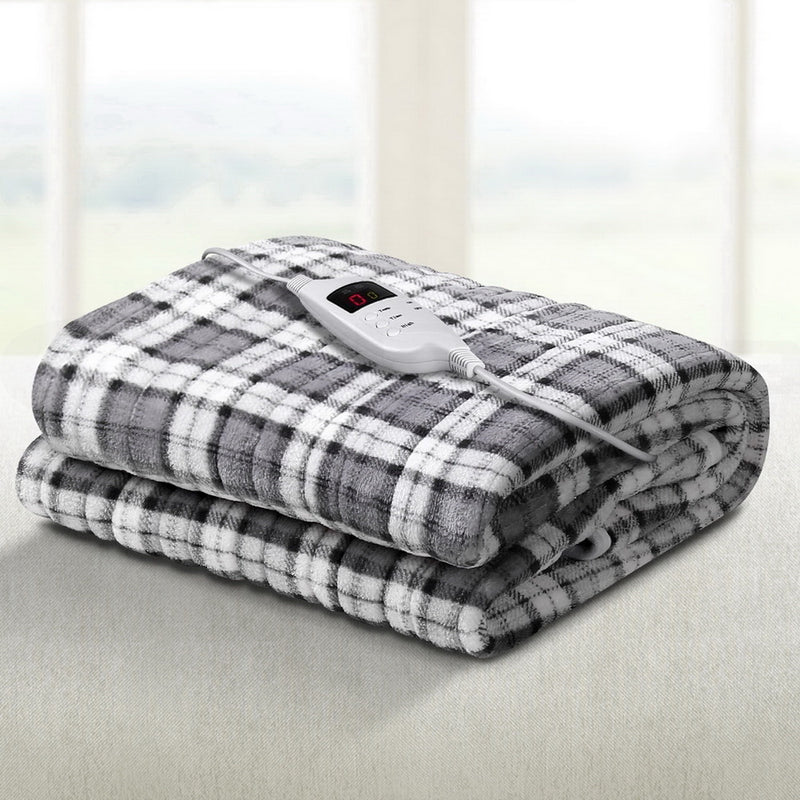 Giselle Bedding Electric Throw Rug Flannel Snuggle Blanket Washable Heated Grey and White Checkered