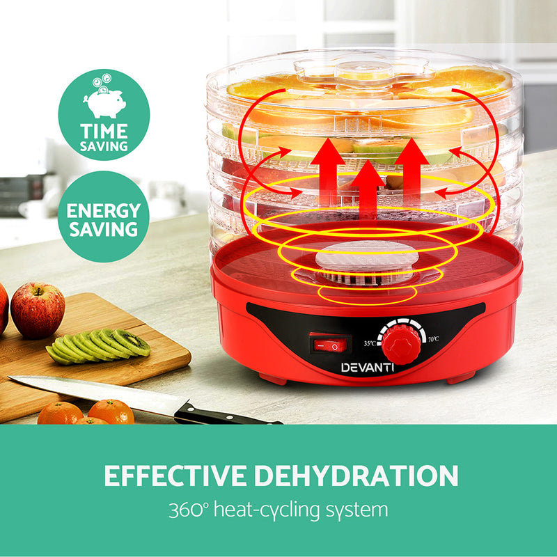 Devanti Food Dehydrator with 5 Trays - Red