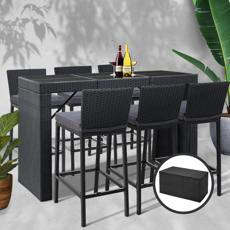 Outdoor Bar Set Table Chairs Stools Rattan Patio Furniture 6 Seaters