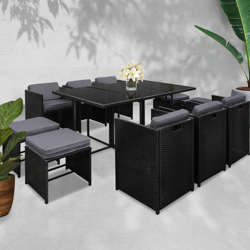 11 Piece PE Wicker Outdoor Dining Set - Black