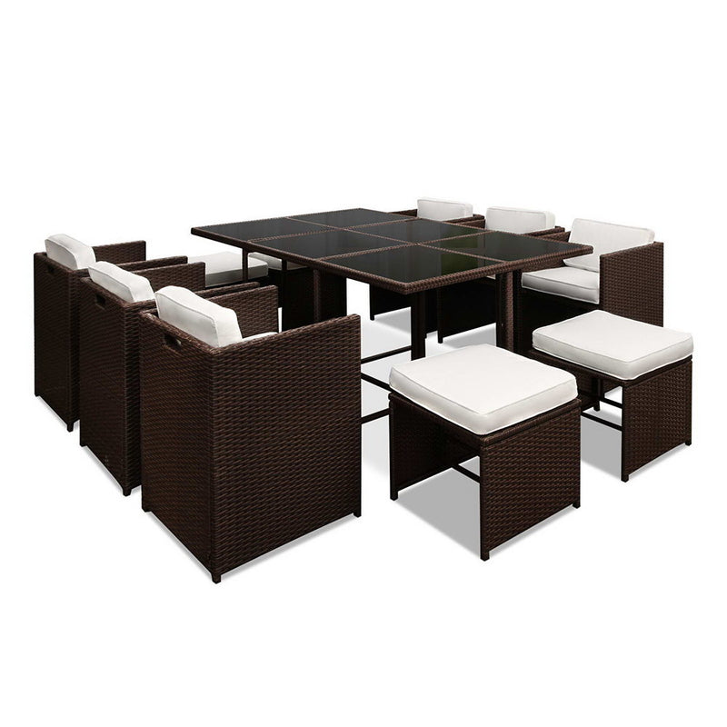 11 Piece PE Wicker Outdoor Dining Set - Brown & White