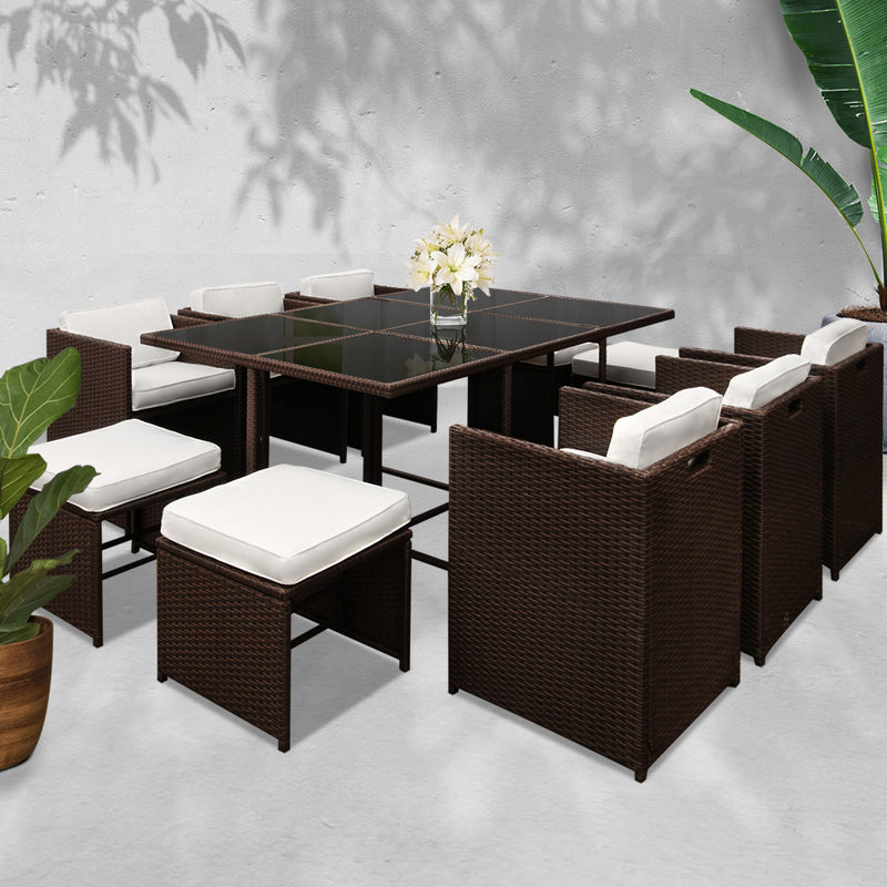 11 Piece PE Wicker Outdoor Dining Set - Brown & White