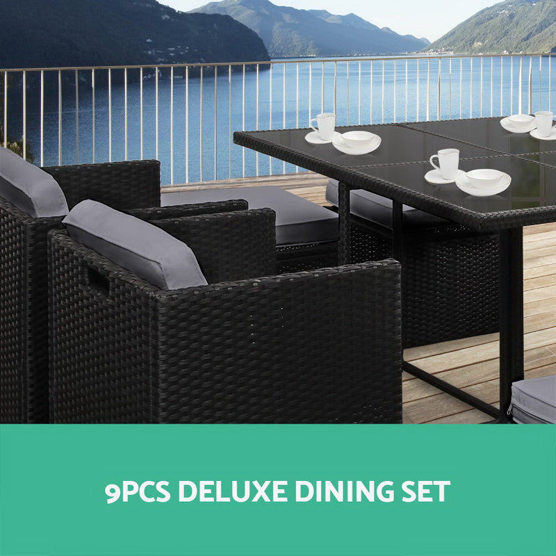 9 Piece Wicker Outdoor Dining Set - Black & Grey