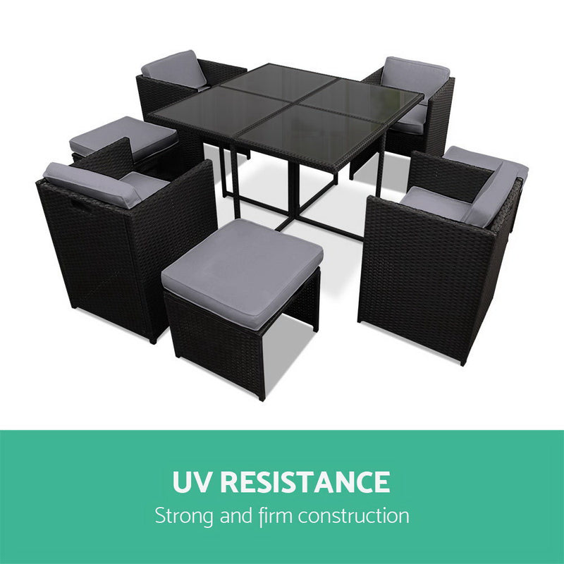 9 Piece Wicker Outdoor Dining Set - Black & Grey