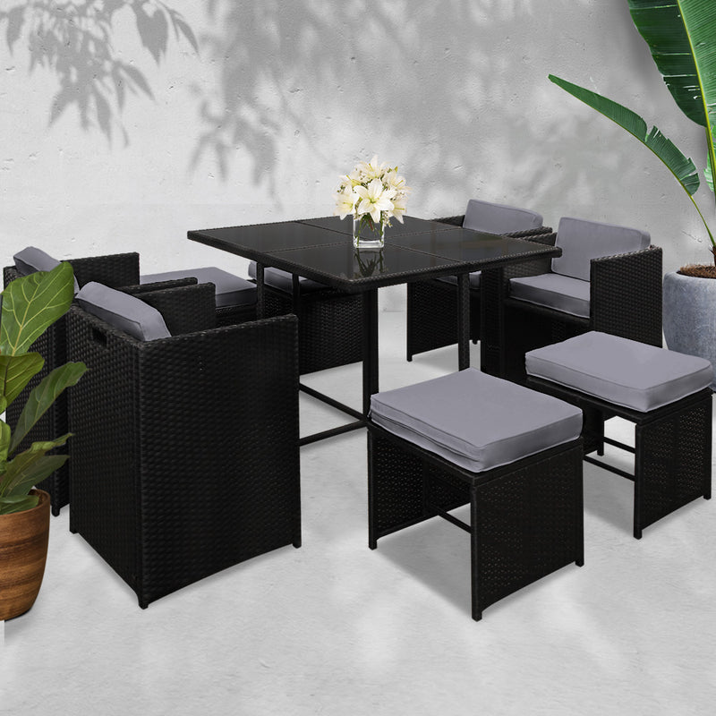 9 Piece Wicker Outdoor Dining Set - Black & Grey